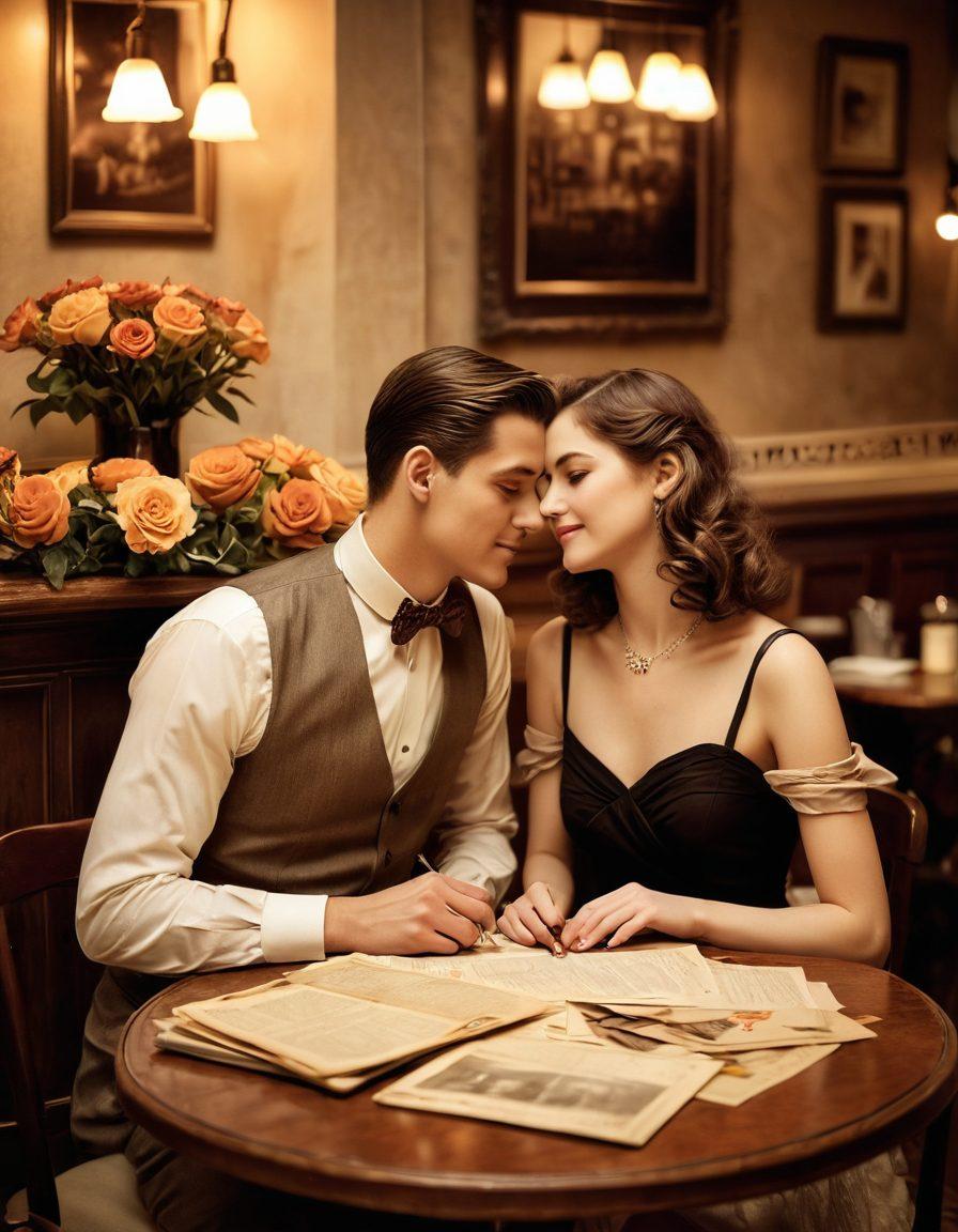 A nostalgic café setting with a couple sharing a vintage-inspired table, surrounded by retro décor such as old photographs and sepia-toned love letters. Warm, soft lighting enhances the romance while scattered flowers add a touch of passion. In the background, hints of modern city life blend seamlessly with the vintage theme. super-realistic. warm colors. soft focus.
