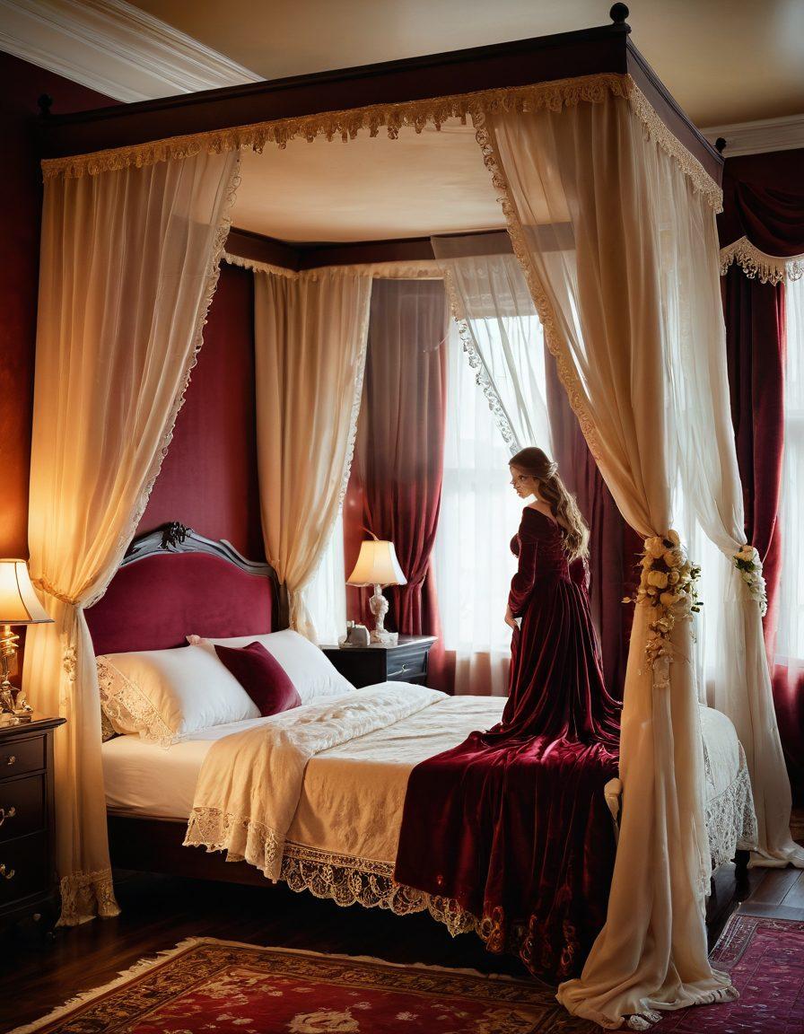 An elegant vintage bedroom scene, featuring softly lit candles, plush velvet curtains, and a luxurious canopy bed adorned with lace and silk. Include a couple sharing an intimate moment, surrounded by a subtle aura of romanticism and nostalgia. The color palette should evoke warmth and passion, with rich hues of deep reds and golds. super-realistic. warm colors. soft focus.