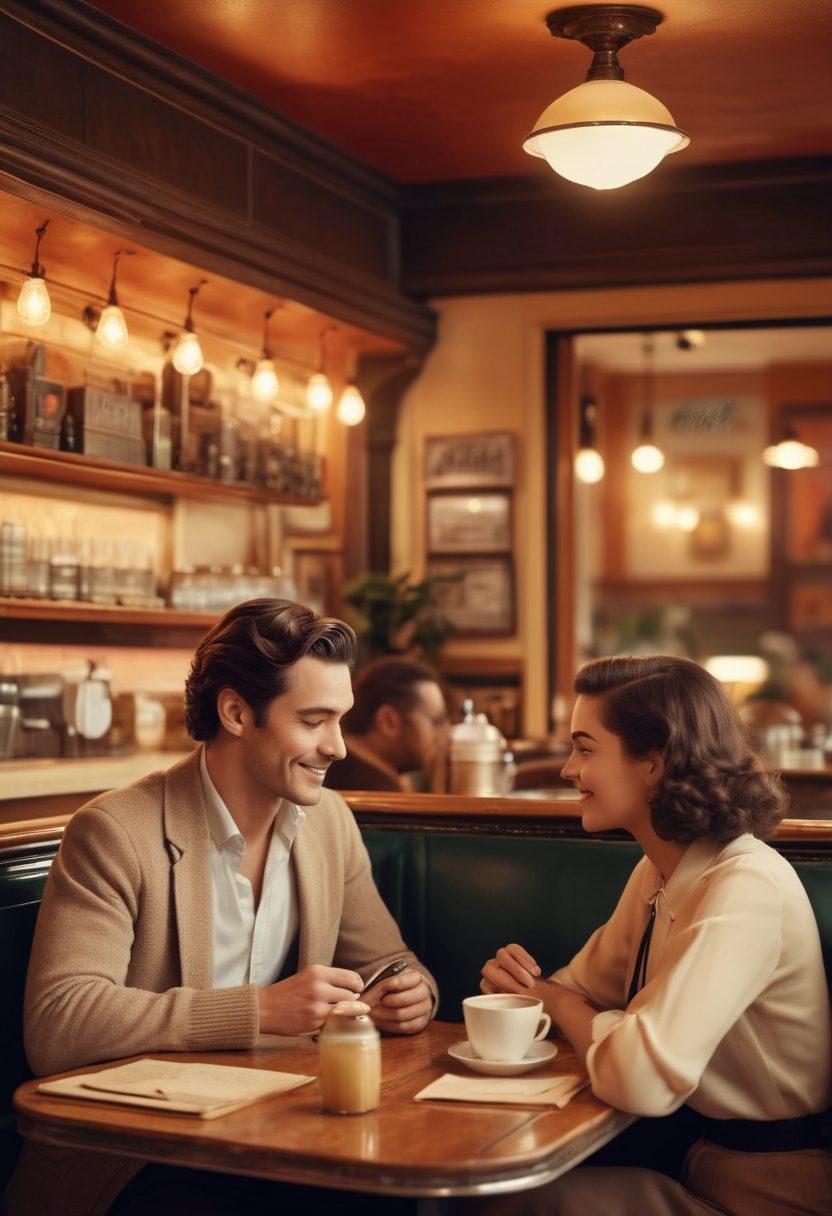 A split image showcasing a vintage couple sharing a romantic moment in an old-fashioned cafe on one side, contrasted with a modern couple enjoying a digital date via video call on the other side. Highlight elements of timeless connection like handwritten letters and modern tech gadgets. Soft lighting enhances the warmth of affection. seamless transition between classic and modern aesthetics. super-realistic. warm colors.
